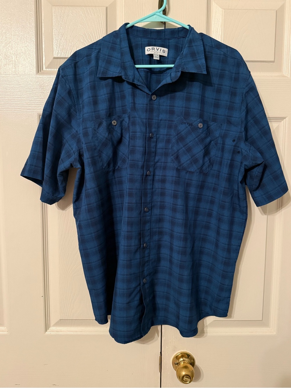 Orvis Deep Blue Plaid Short Sleeve Button-Up Shirt